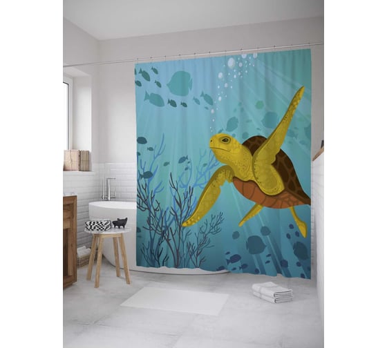 Штора (занавеска) для ванной JoyArty "Подводное земноводное" из сатена, 180х200 см с крючками, sc_35225 1