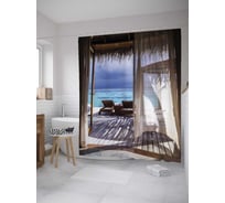Штора (занавеска) для ванной JoyArty "Бунгало у моря" из сатена, 180х200 см с крючками, sc_34923