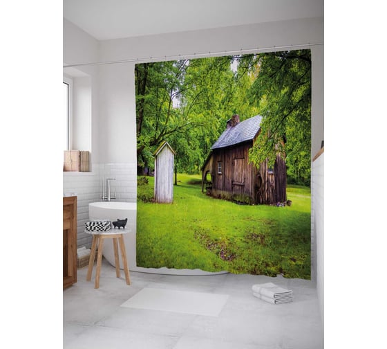 Штора (занавеска) для ванной JoyArty "Туалет на поляне" из сатена, 180х200 см с крючками, sc_35214 1