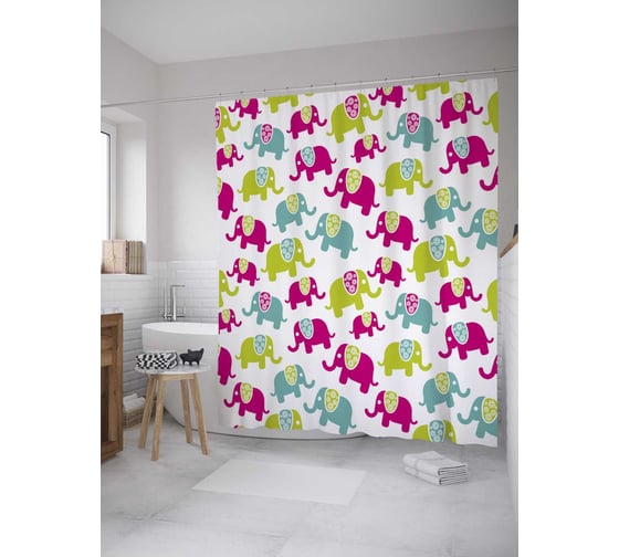 Штора (занавеска) для ванной JoyArty "Разноцветные слоны" из сатена, 180х200 см с крючками, sc_36202 1