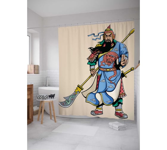Штора (занавеска) для ванной JoyArty "Восточный воин" из сатена, 180х200 см с крючками, sc_37753 1