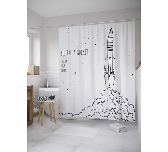 Штора (занавеска) для ванной JoyArty "Эскиз запуска ракеты" из сатена, 180х200 см с крючками, sc_33063 1