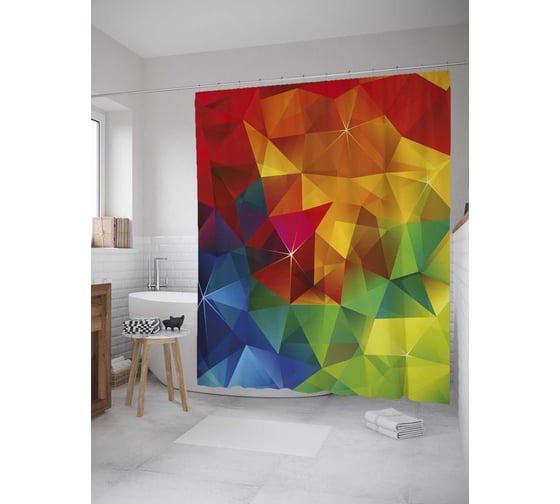 Штора (занавеска) для ванной JoyArty "Цветные грани" из сатена, 180х200 см с крючками, sc_33109 1