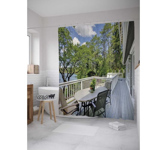 Штора (занавеска) для ванной JoyArty "Столик на веранде" из сатена, 180х200 см с крючками, sc_34791 1