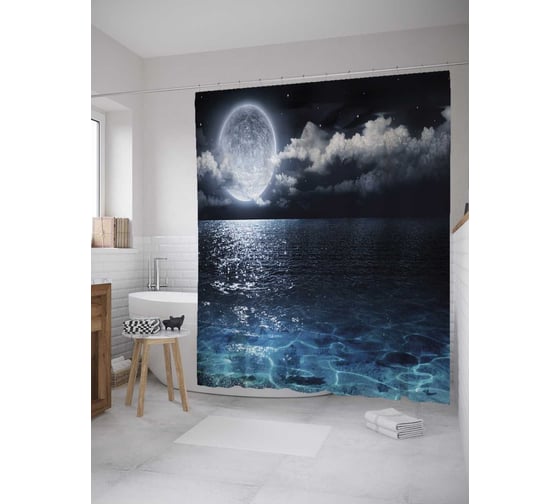 Штора (занавеска) для ванной JoyArty "Полнолуние над океаном" из сатена, 180х200 см с крючками, sc_35639 1