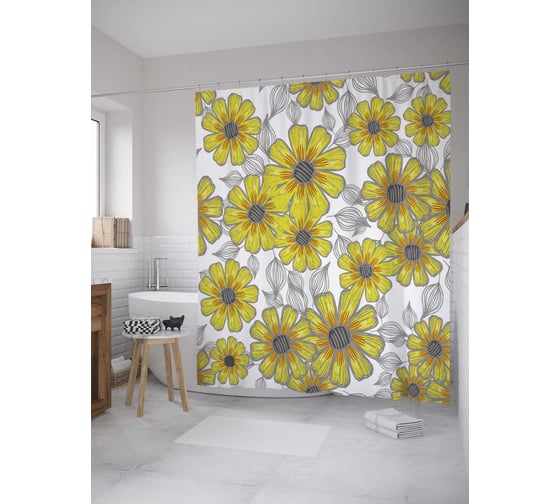 Штора (занавеска) для ванной JoyArty "Лепестковые цветы" из сатена, 180х200 см с крючками, sc_33039 1