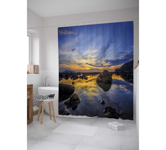 Штора (занавеска) для ванной JoyArty "Отражение заката" из сатена, 180х200 см с крючками, sc_32918 1