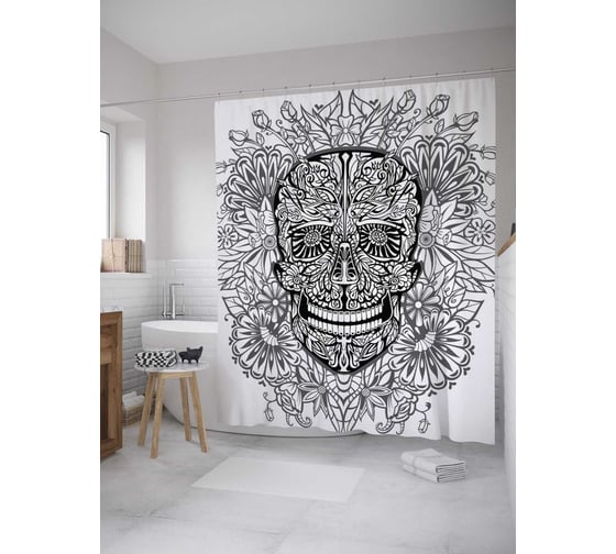 Штора (занавеска) для ванной JoyArty "Череп в ажуре" из сатена, 180х200 см с крючками, sc_32975 1