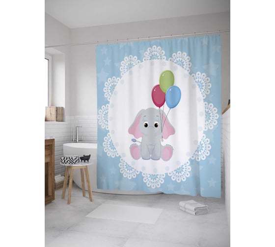 Штора (занавеска) для ванной JoyArty "Слоненок с шарами" из сатена, 180х200 см с крючками, sc_36199 1