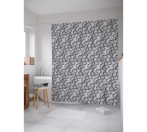Штора (занавеска) для ванной JoyArty "Абстрактные волны" из сатена, 180х200 см с крючками, sc_33103