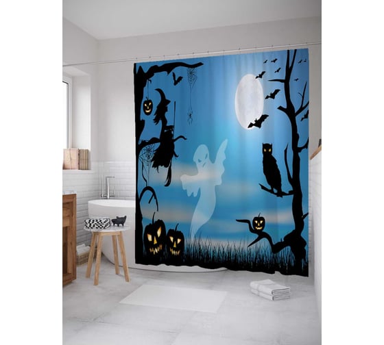 Штора (занавеска) для ванной JoyArty "Встреча Хэллоуина" из сатена, 180х200 см с крючками, sc_36707 1
