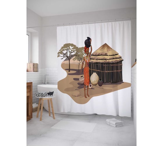Штора (занавеска) для ванной JoyArty "Африканский дом" из сатена, 180х200 см с крючками, sc_36773 1