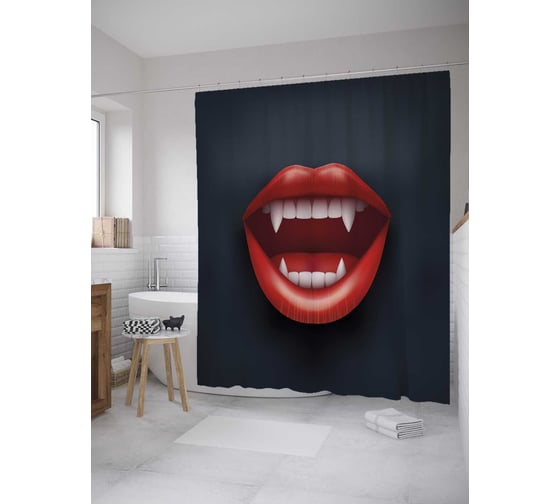 Штора (занавеска) для ванной JoyArty "Симпатичные клыки" из сатена, 180х200 см с крючками, sc_35709 1