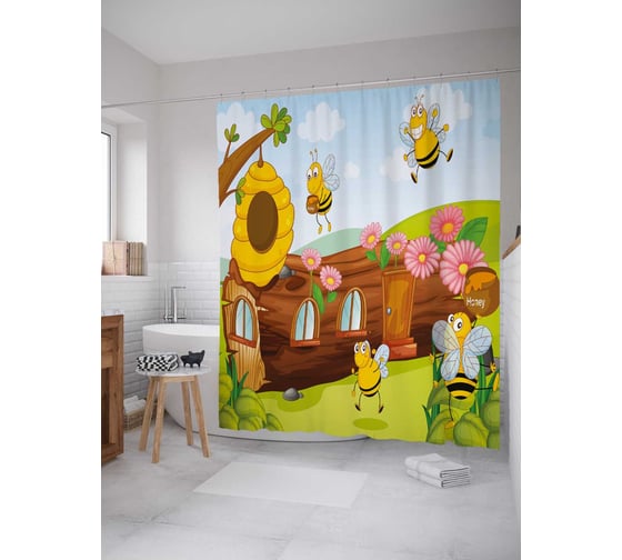 Штора (занавеска) для ванной JoyArty "Пчелиная ферма" из сатена, 180х200 см с крючками, sc_32135 1
