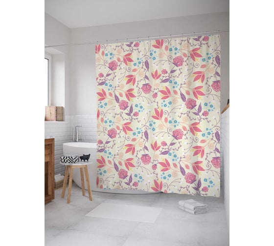 Штора (занавеска) для ванной JoyArty "Цветы и завитки" из сатена, 180х200 см с крючками, sc_38060 1