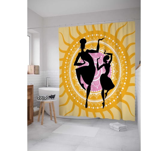 Штора (занавеска) для ванной JoyArty "Африканские танцы" из сатена, 180х200 см с крючками, sc_36144 1