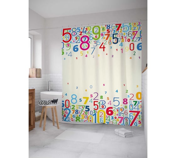 Штора (занавеска) для ванной JoyArty "Цветные цифры" из сатена, 180х200 см с крючками, sc_37796 1