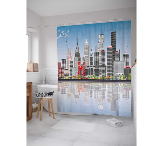Штора (занавеска) для ванной JoyArty "Графический Детройт" из сатена, 180х200 см с крючками, sc_38095