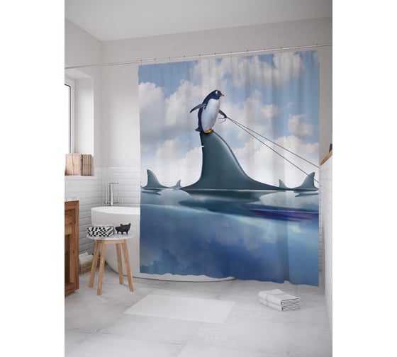 Штора (занавеска) для ванной JoyArty "Пингвин верхом на акуле" из сатена, 180х200 см с крючками, sc_38023 1