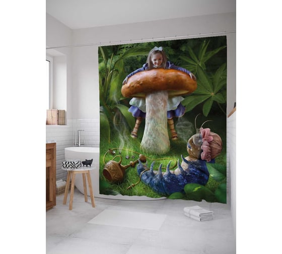 Штора (занавеска) для ванной JoyArty "Алиса на грибе" из сатена, 180х200 см с крючками, sc_36862 1