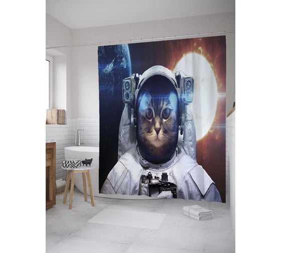 Штора (занавеска) для ванной JoyArty "Солнце за космонавтом" из сатена, 180х200 см с крючками, sc_33498 1