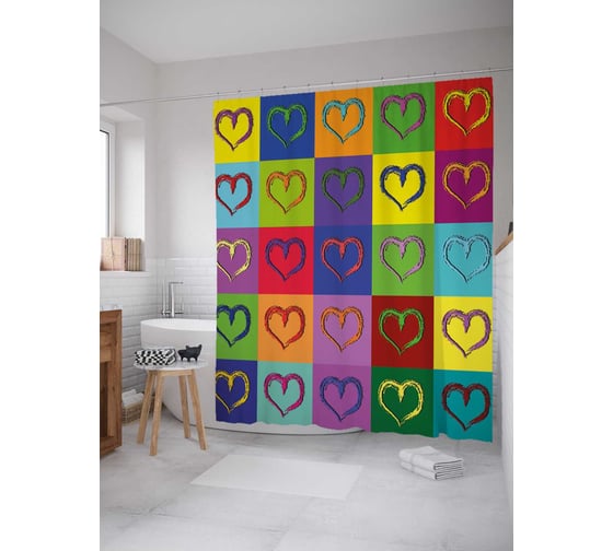 Штора (занавеска) для ванной JoyArty "Разноцветные сердца в клетках" из сатена, 180х200 см с крючками, sc_38428 1