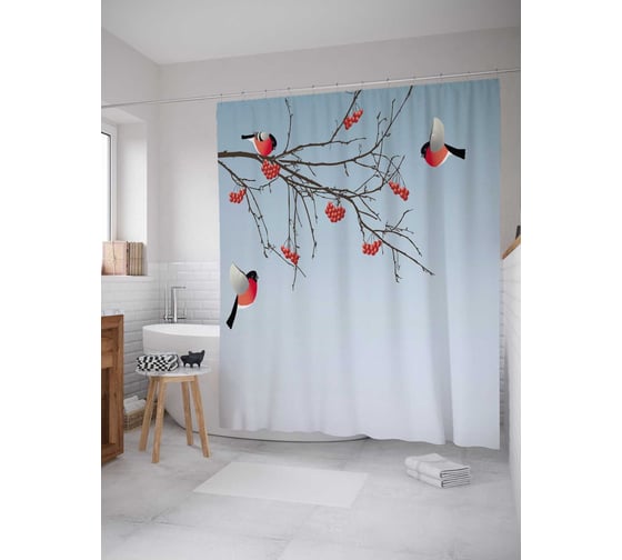 Штора (занавеска) для ванной JoyArty "Снегири на зимней рябине" из сатена, 180х200 см с крючками, sc_38405 1