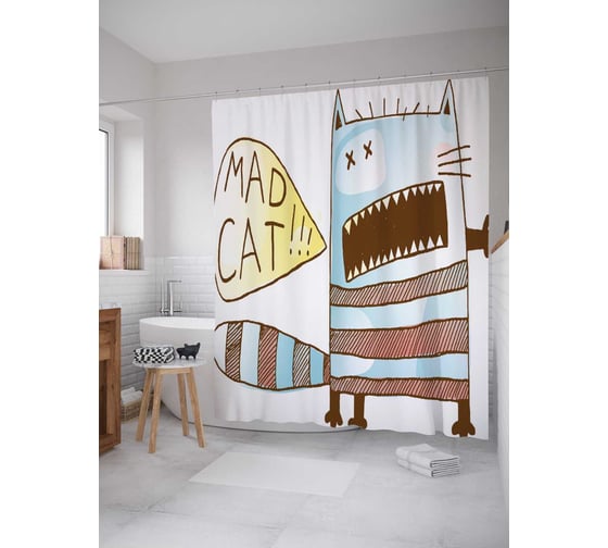 Штора (занавеска) для ванной JoyArty "Сумасшедший кот" из сатена, 180х200 см с крючками, sc_37224 1