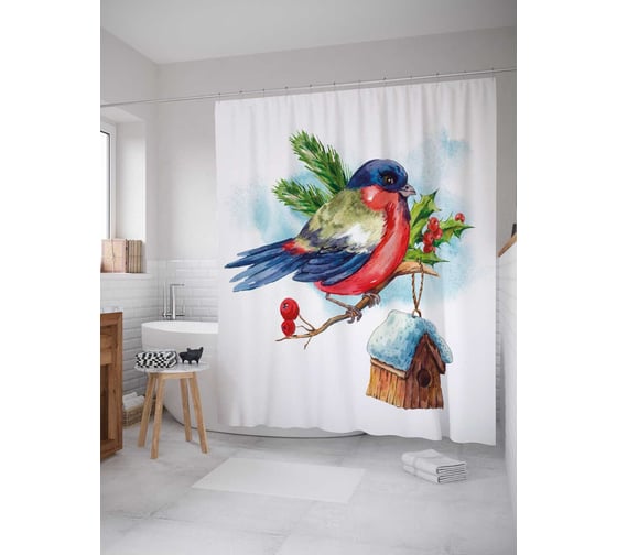 Штора (занавеска) для ванной JoyArty "Снегирь у кормушки" из сатена, 180х200 см с крючками, sc_38409 1