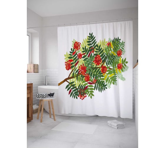 Штора (занавеска) для ванной JoyArty "Рябиновая ветвь" из сатена, 180х200 см с крючками, sc_38403 1