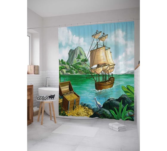 Штора (занавеска) для ванной JoyArty "Пиратский корабль и сокровища" из сатена, 180х200 см с крючками, sc_38225 1