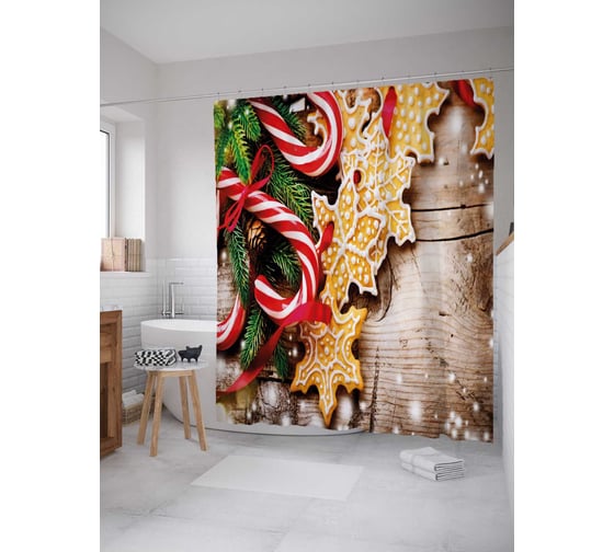 Штора (занавеска) для ванной JoyArty "Рождественские сладости" из сатена, 180х200 см с крючками, sc_37055 1