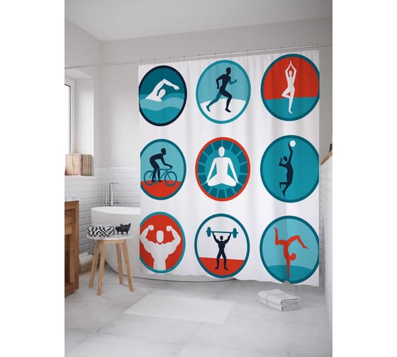 Штора (занавеска) для ванной JoyArty "Виды спорта" из сатена, 180х200 см с крючками, sc_36940 1