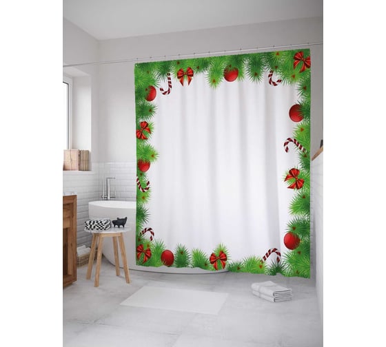 Штора (занавеска) для ванной JoyArty "Новогодняя рамка" из сатена, 180х200 см с крючками, sc_37036 1