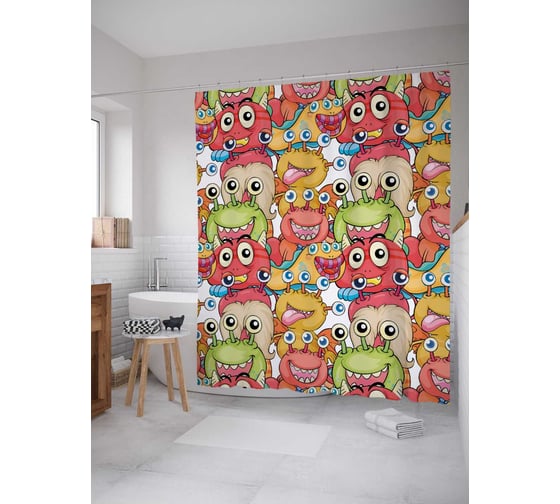 Штора (занавеска) для ванной JoyArty "Толпа монстров" из сатена, 180х200 см с крючками, sc_38559 1