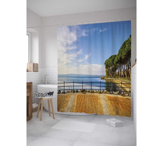 Штора (занавеска) для ванной JoyArty "Обзорная терраса" из сатена, 180х200 см с крючками, sc_34871 1