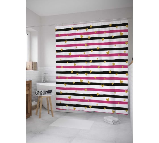 Штора (занавеска) для ванной JoyArty "Сердечки на полосах" из сатена, 180х200 см с крючками, sc_33815 1