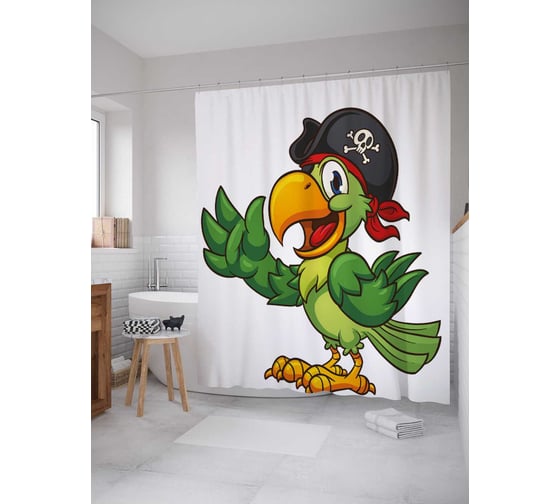 Штора (занавеска) для ванной JoyArty "Попугай-пират" из сатена, 180х200 см с крючками, sc_38195 1