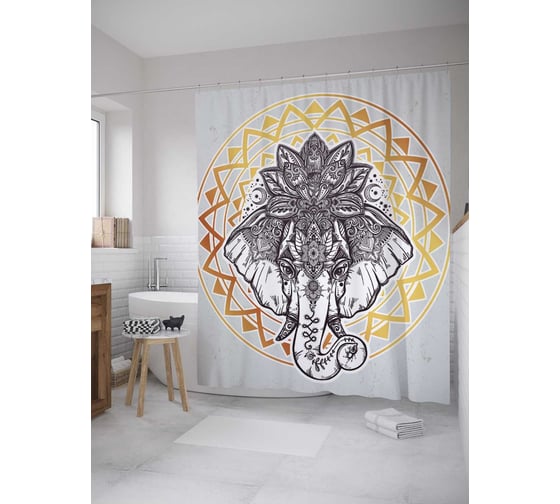 Штора (занавеска) для ванной JoyArty "Слон с лотосом" из сатена, 180х200 см с крючками, sc_35405 1