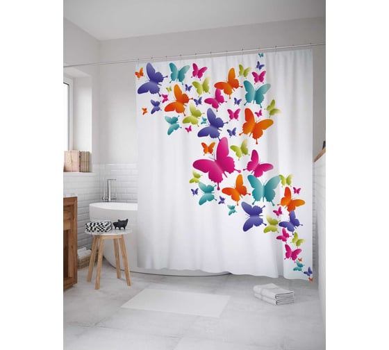 Штора (занавеска) для ванной JoyArty "Разноцветные бабочки" из сатена, 180х200 см с крючками, sc_38473 1