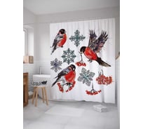 Штора (занавеска) для ванной JoyArty "Снегири зимой" из сатена, 180х200 см с крючками, sc_38363
