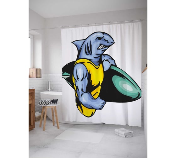 Штора (занавеска) для ванной JoyArty "Акула серфингист" из сатена, 180х200 см с крючками, sc_38019 1