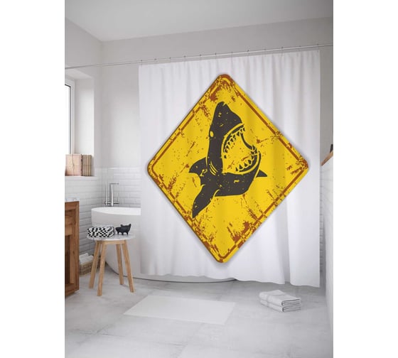 Штора (занавеска) для ванной JoyArty "Осторожно, акулы" из сатена, 180х200 см с крючками, sc_38025 1