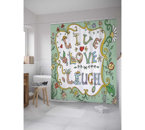 Штора (занавеска) для ванной JoyArty "Живи, люби, улыбайся" из сатена, 180х200 см с крючками, sc_35834 1