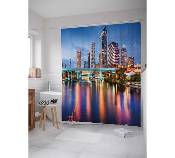 Штора (занавеска) для ванной JoyArty "Отражение города" из сатена, 180х200 см с крючками, sc_38517
