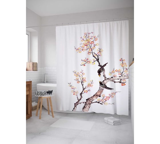 Штора (занавеска) для ванной JoyArty "Галки на цветущем дереве" из сатена, 180х200 см с крючками, sc_38456 1