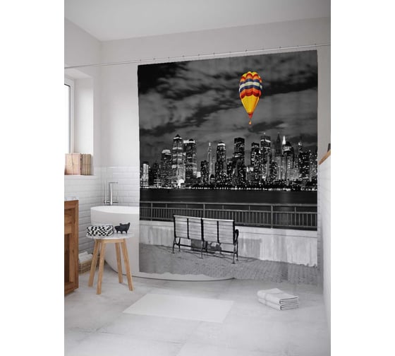 Штора (занавеска) для ванной JoyArty "Шар над городом" из сатена, 180х200 см с крючками, sc_38189 1