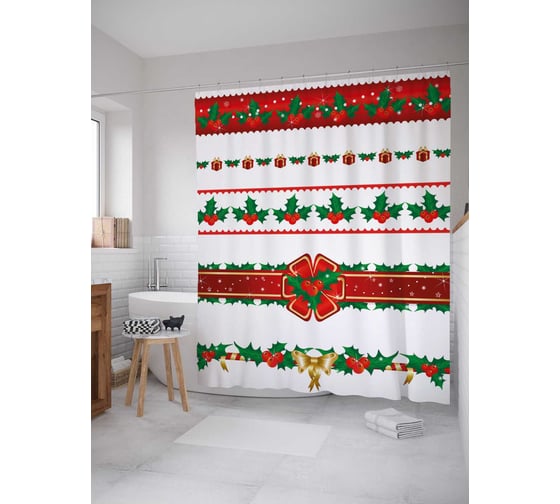 Штора (занавеска) для ванной JoyArty "Рождественские ленты" из сатена, 180х200 см с крючками, sc_37028 1