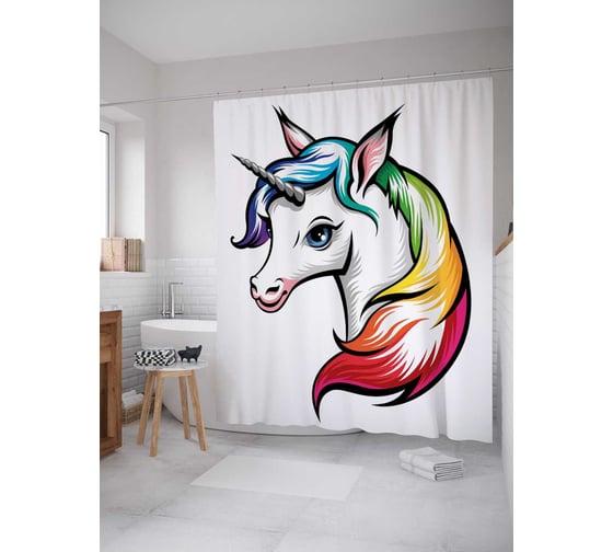 Штора (занавеска) для ванной JoyArty "Радужный единорог" из сатена, 180х200 см с крючками, sc_38483 1