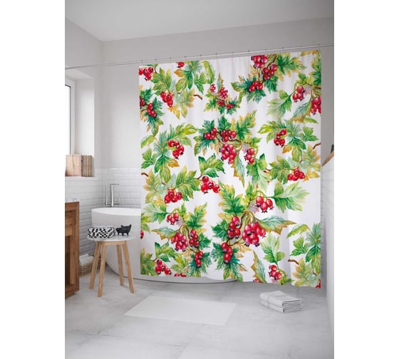 Штора (занавеска) для ванной JoyArty "Гроздья рябины" из сатена, 180х200 см с крючками, sc_38362 1